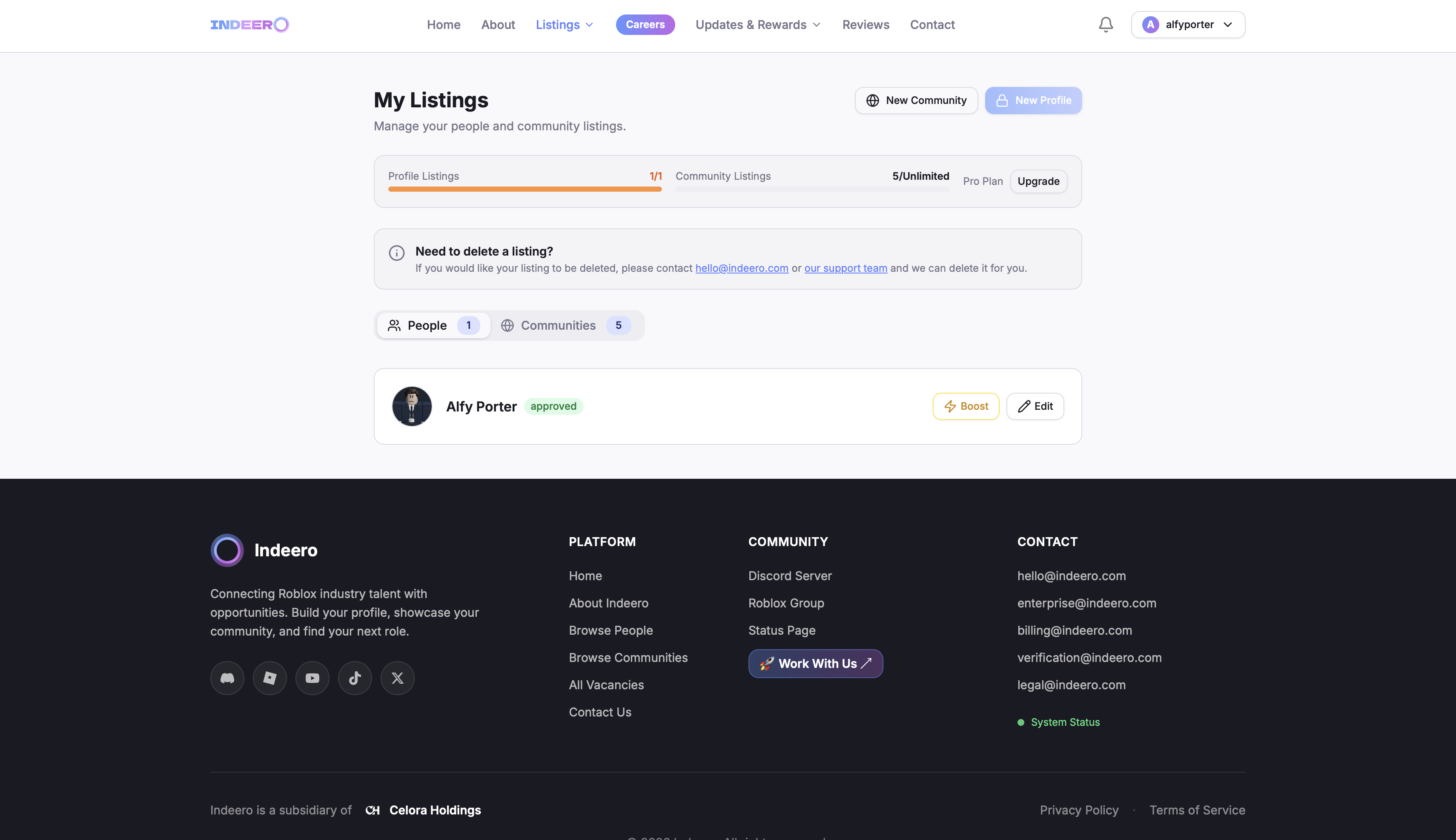 My Listings — manage your profile and track its status