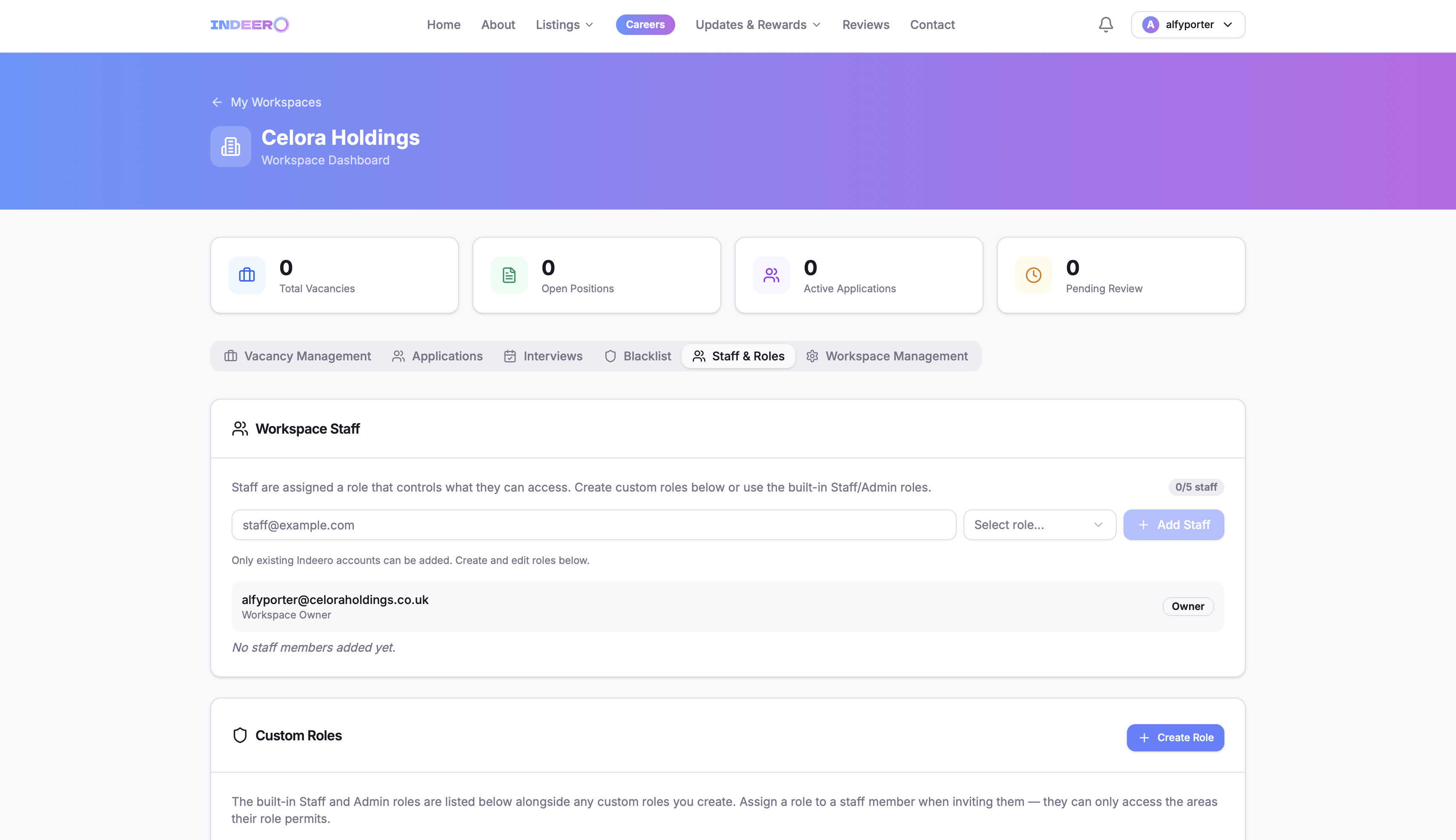 Staff — invite your team and assign custom roles