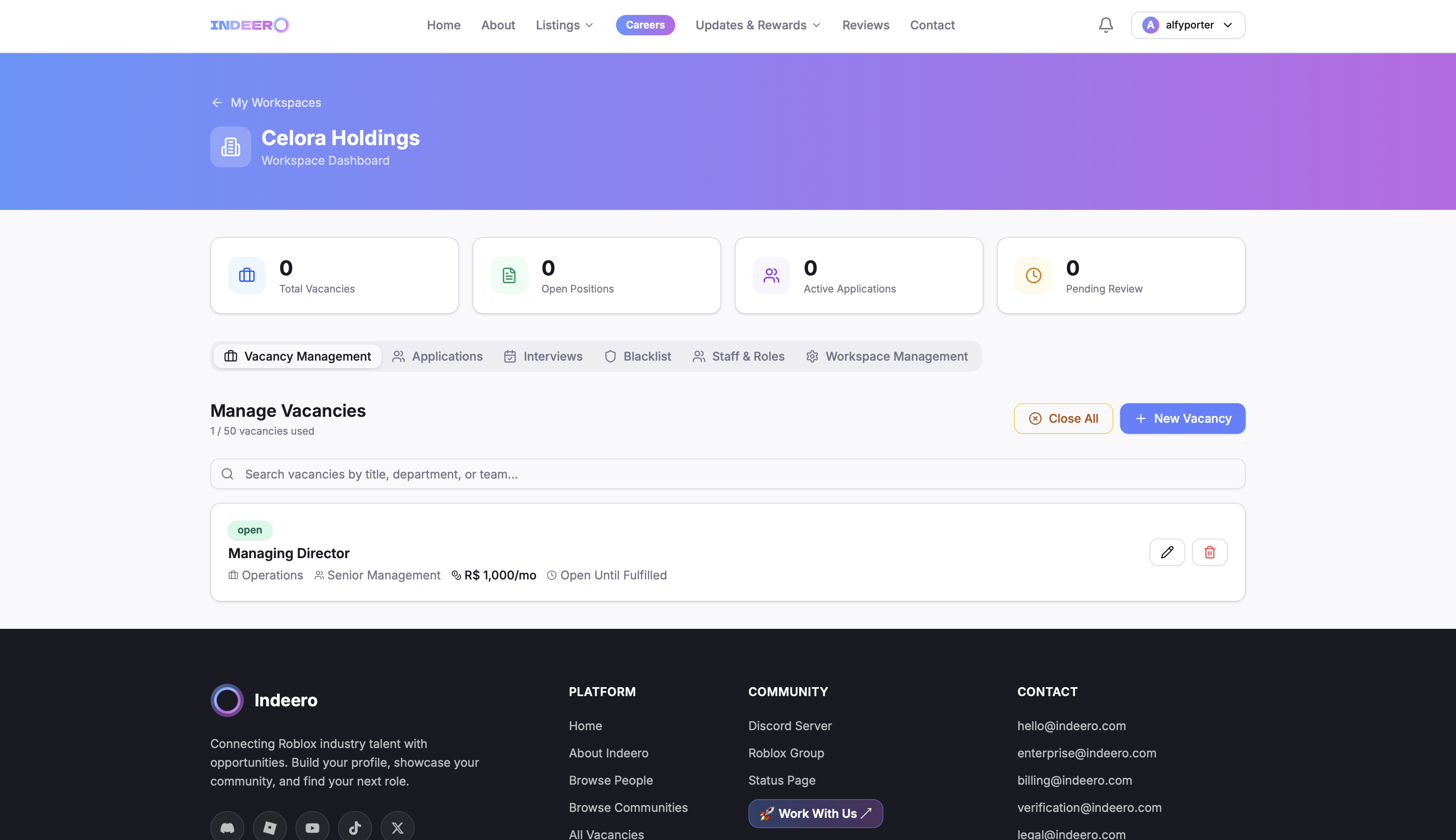 Vacancies — create and publish roles in your dashboard
